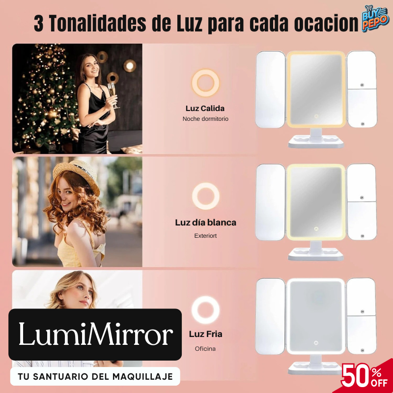 LumiMirror ✨ - Triple Espejo LED Para Maquillaje 💄🌟 RP
