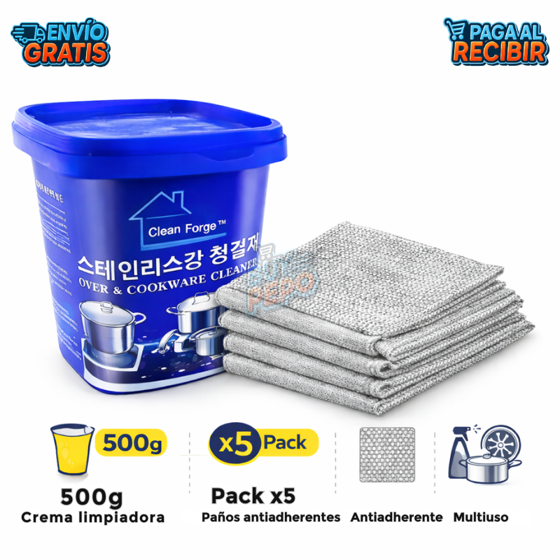 CleanForge™ 🧽 - Combo 5 paños + 1 crema limpieza profunda 🍳