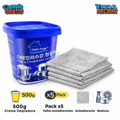 CleanForge™ 🧽 - Combo 5 paños + 1 crema limpieza profunda 🍳