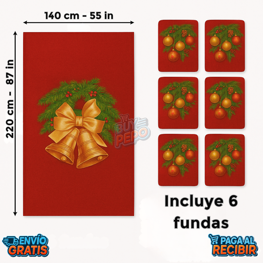 MerryTable™ ✨ - Mantel y 6 fundas de silla navideñas 🎄