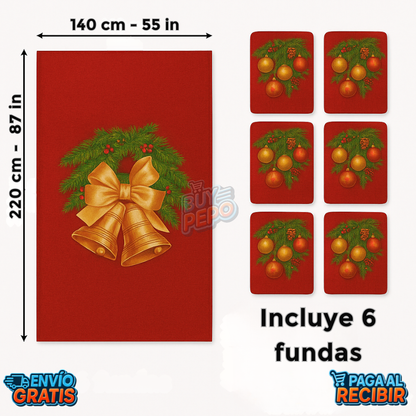 MerryTable™ ✨ - Mantel y 6 fundas de silla navideñas 🎄