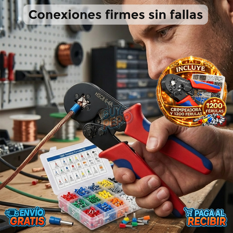 CrimpForce™ ⚡ Kit Crimpeadora + 1200 Terminales de Distintas Medidas 🔧